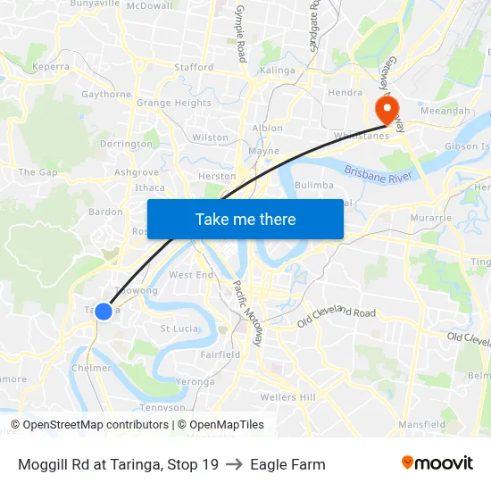 Moggill Rd at Taringa, Stop 19 to Eagle Farm map