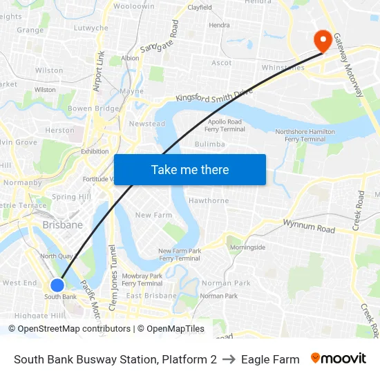 South Bank Busway Station, Platform 2 to Eagle Farm map