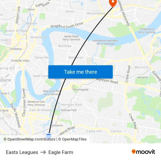 Easts Leagues to Eagle Farm map