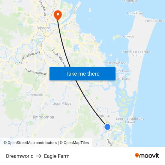 Dreamworld to Eagle Farm map