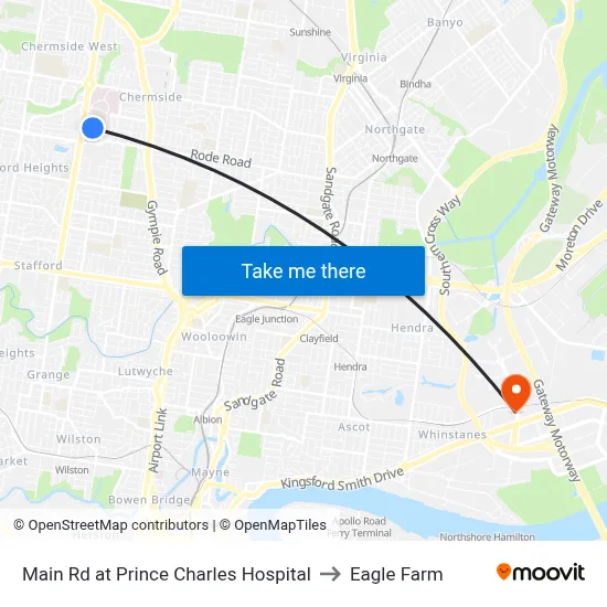 Main Rd at Prince Charles Hospital to Eagle Farm map