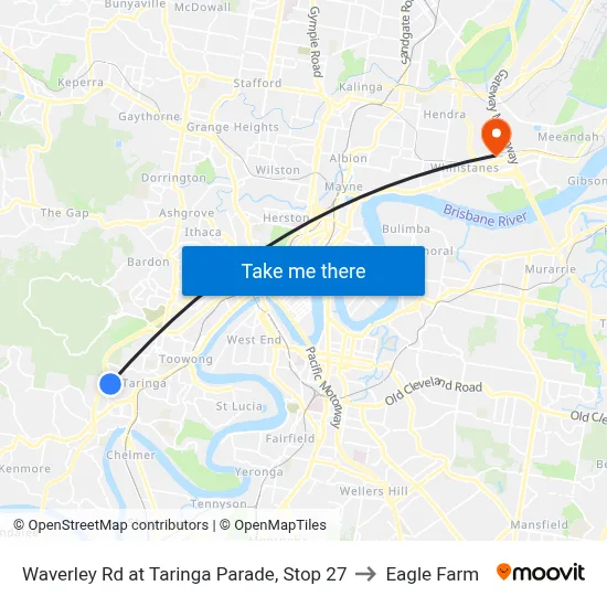 Waverley Rd at Taringa Parade, Stop 27 to Eagle Farm map