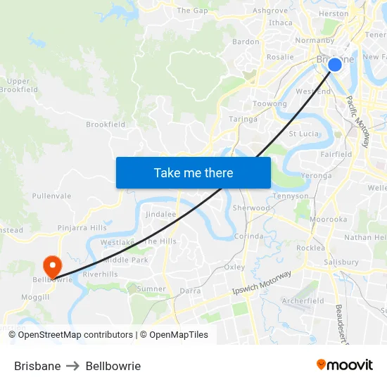 Brisbane to Bellbowrie map