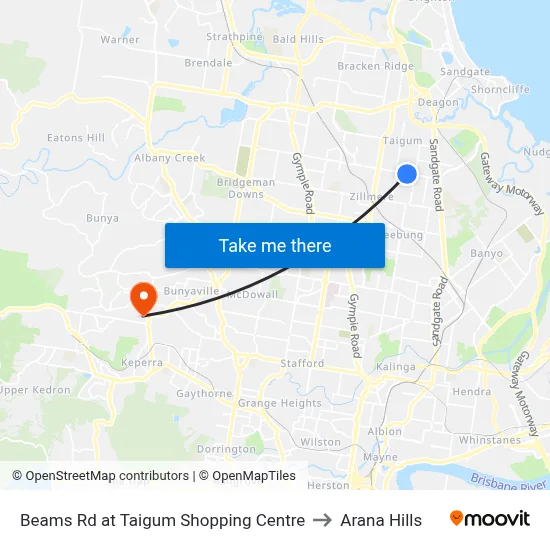 Beams Rd at Taigum Shopping Centre to Arana Hills map