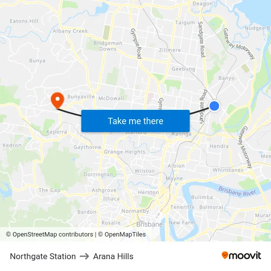 Northgate Station to Arana Hills map