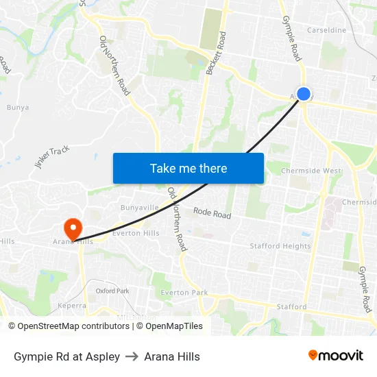 Gympie Rd at Aspley to Arana Hills map
