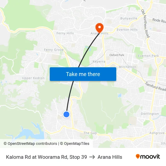 Kaloma Rd at Woorama Rd, Stop 39 to Arana Hills map