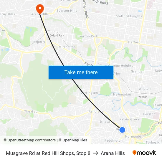 Musgrave Rd at Red Hill Shops, Stop 8 to Arana Hills map