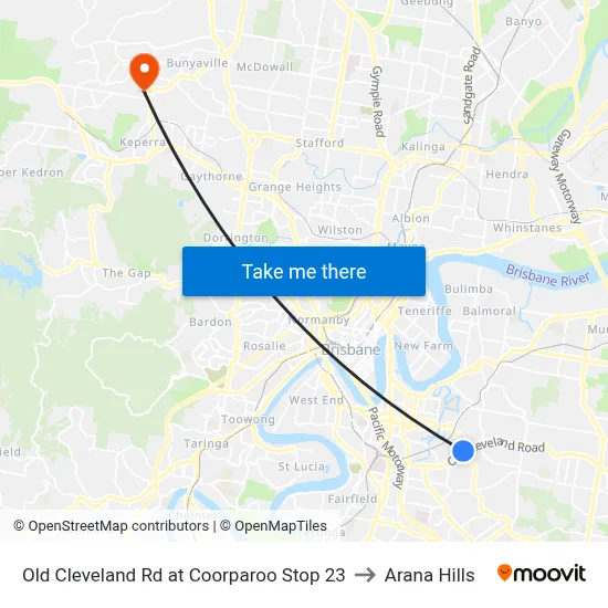 Old Cleveland Rd at Coorparoo Stop 23 to Arana Hills map