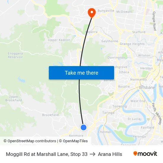 Moggill Rd at Marshall Lane, Stop 33 to Arana Hills map