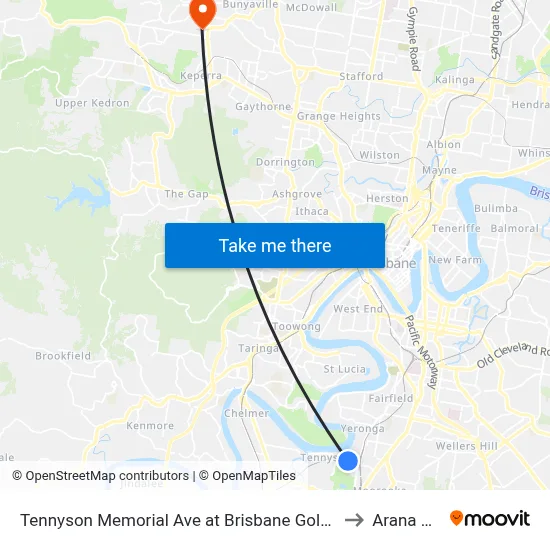 Tennyson Memorial Ave at Brisbane Golf, Stop 36 to Arana Hills map