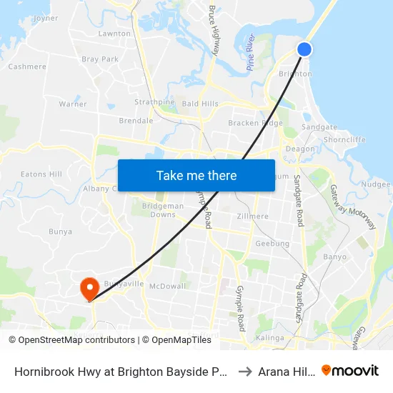 Hornibrook Hwy at Brighton Bayside Park to Arana Hills map