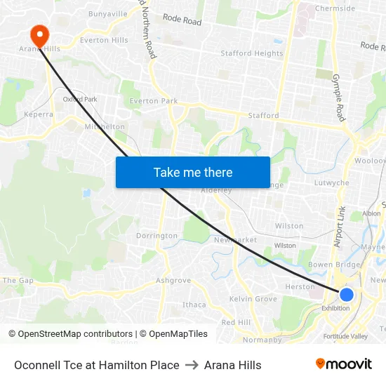 Oconnell Tce at Hamilton Place to Arana Hills map