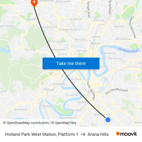 Holland Park West Station, Platform 1 to Arana Hills map