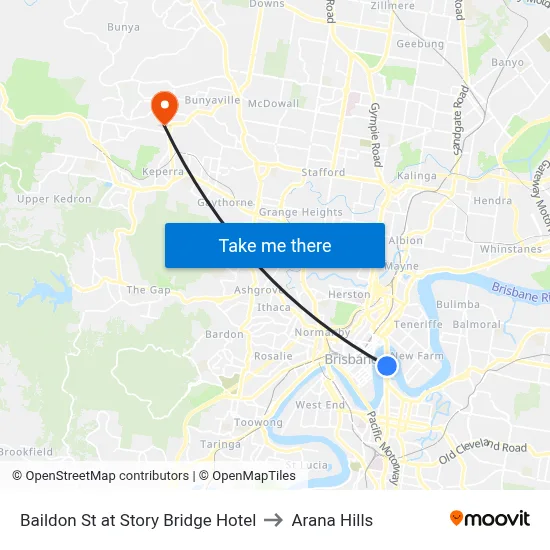 Baildon St at Story Bridge Hotel to Arana Hills map