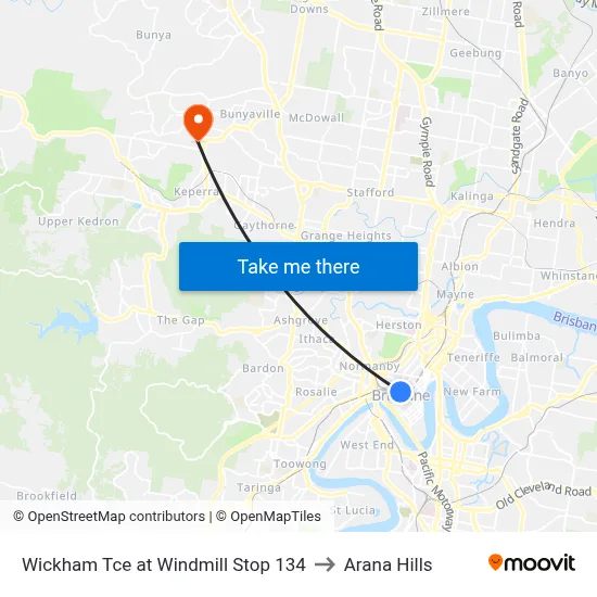 Wickham Tce at Windmill Stop 134 to Arana Hills map