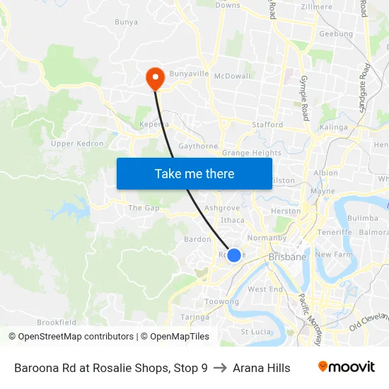 Baroona Rd at Rosalie Shops, Stop 9 to Arana Hills map