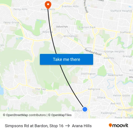 Simpsons Rd at Bardon, Stop 16 to Arana Hills map