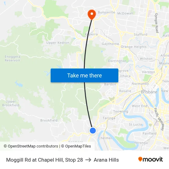 Moggill Rd at Chapel Hill, Stop 28 to Arana Hills map