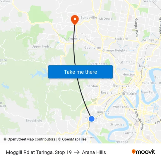 Moggill Rd at Taringa, Stop 19 to Arana Hills map