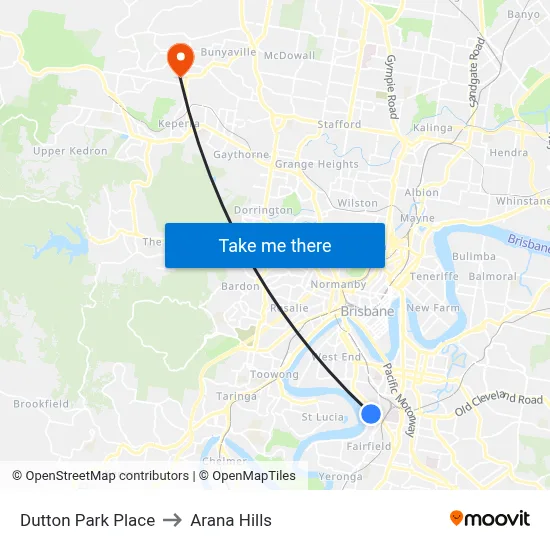 Dutton Park Place to Arana Hills map