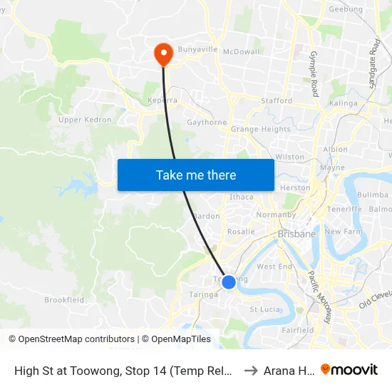 High St at Toowong, Stop 14 (Temp Relocation) to Arana Hills map