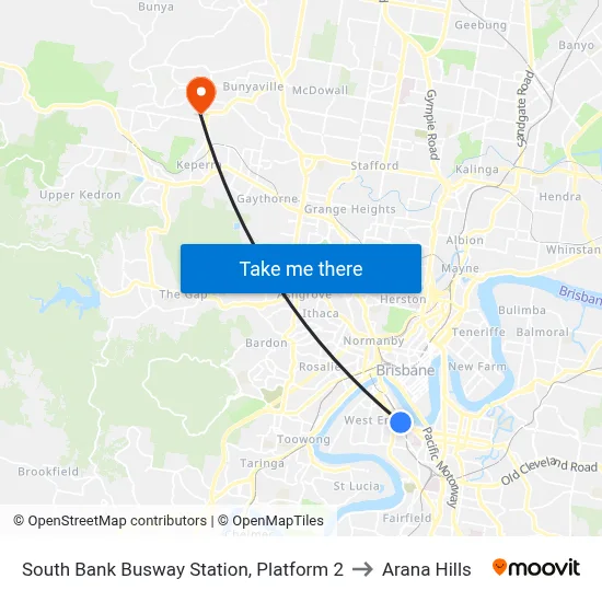 South Bank Busway Station, Platform 2 to Arana Hills map