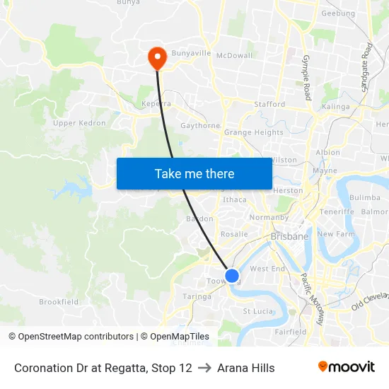Coronation Dr at Regatta, Stop 12 to Arana Hills map