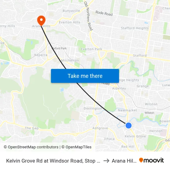 Kelvin Grove Rd at Windsor Road, Stop 16 to Arana Hills map