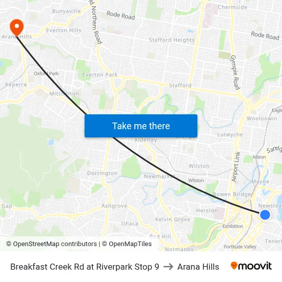 Breakfast Creek Rd at Riverpark Stop 9 to Arana Hills map
