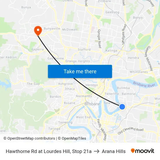 Hawthorne Rd at Lourdes Hill, Stop 21a to Arana Hills map