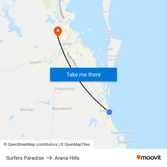 Surfers Paradise to Arana Hills map