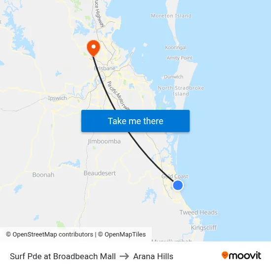 Surf Pde at Broadbeach Mall to Arana Hills map