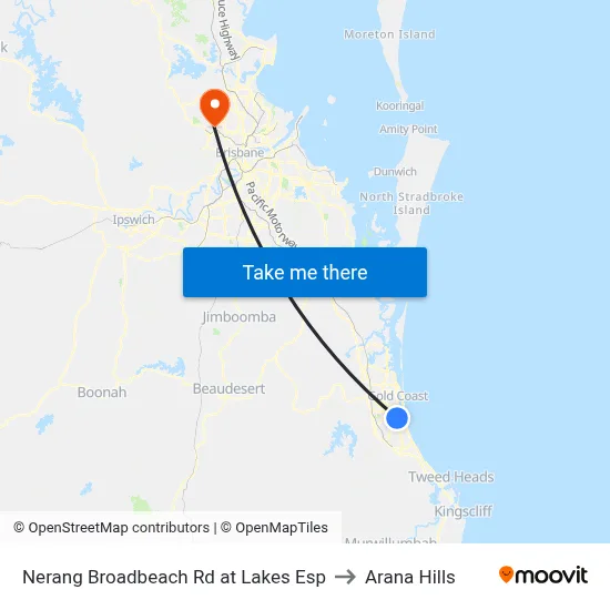 Nerang Broadbeach Rd at Lakes Esp to Arana Hills map