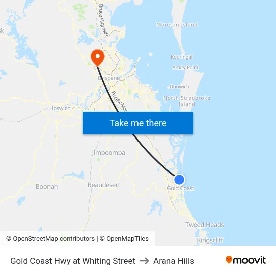 Gold Coast Hwy at Whiting Street to Arana Hills map