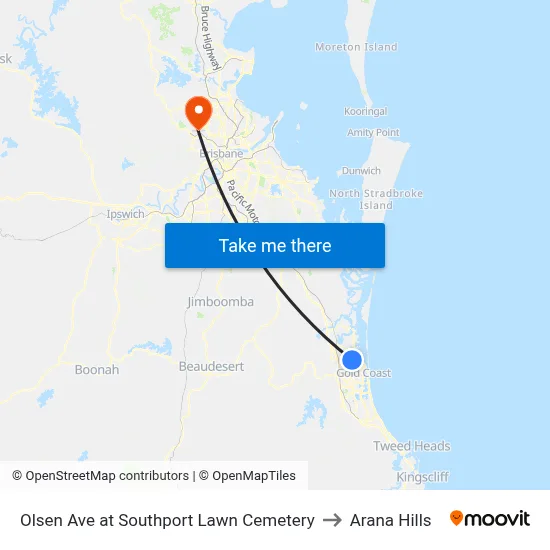 Olsen Ave at Southport Lawn Cemetery to Arana Hills map