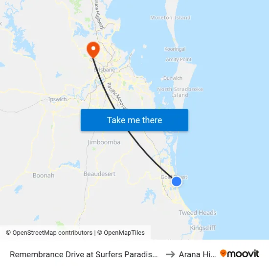 Remembrance Drive at Surfers Paradise Bvd to Arana Hills map
