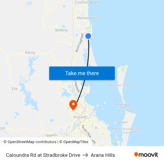 Caloundra Rd at Stradbroke Drive to Arana Hills map