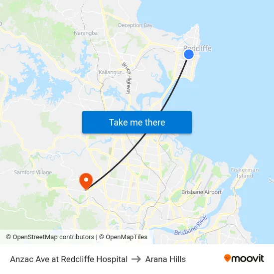 Anzac Ave at Redcliffe Hospital to Arana Hills map