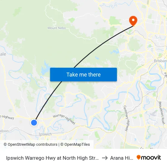 Ipswich Warrego Hwy at North High Street to Arana Hills map