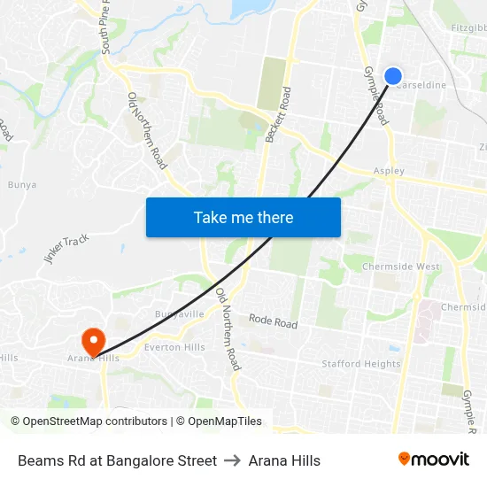 Beams Rd at Bangalore Street to Arana Hills map