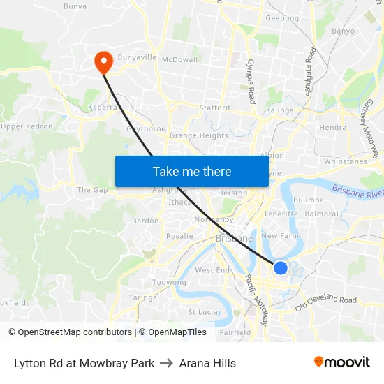 Lytton Rd at Mowbray Park to Arana Hills map