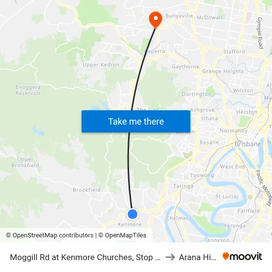 Moggill Rd at Kenmore Churches, Stop 34 to Arana Hills map