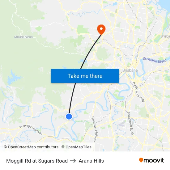 Moggill Rd at Sugars Road to Arana Hills map