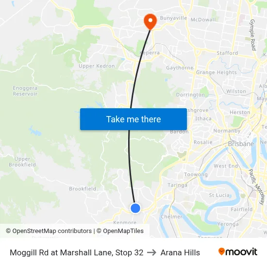 Moggill Rd at Marshall Lane, Stop 32 to Arana Hills map