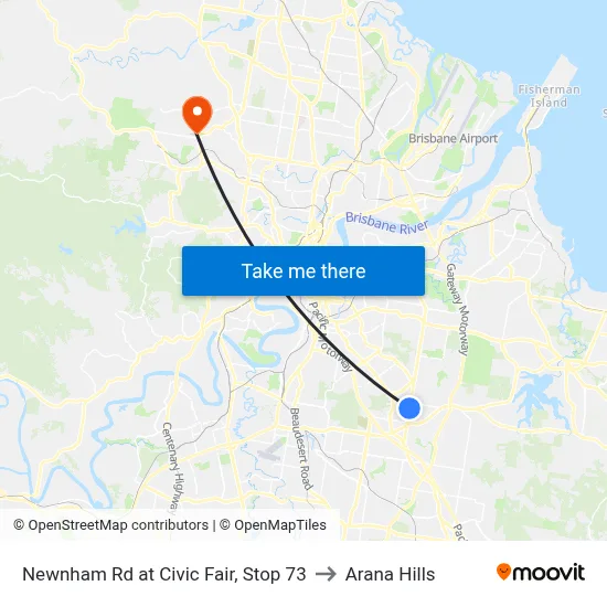 Newnham Rd at Civic Fair, Stop 73 to Arana Hills map