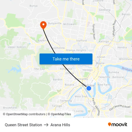 Queen Street Station to Arana Hills map