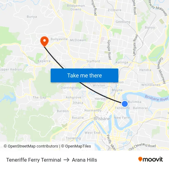 Teneriffe Ferry Terminal to Arana Hills map