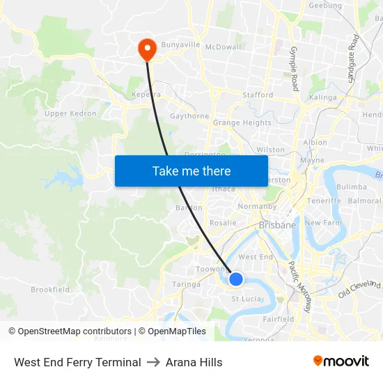 West End Ferry Terminal to Arana Hills map