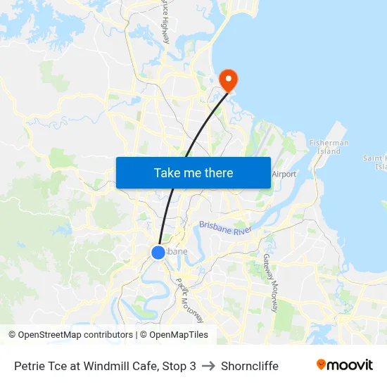 Petrie Tce at Windmill Cafe, Stop 3 to Shorncliffe map